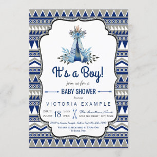 Tribal Teepee Blue Grey Boys Boho Baby Shower Invitation