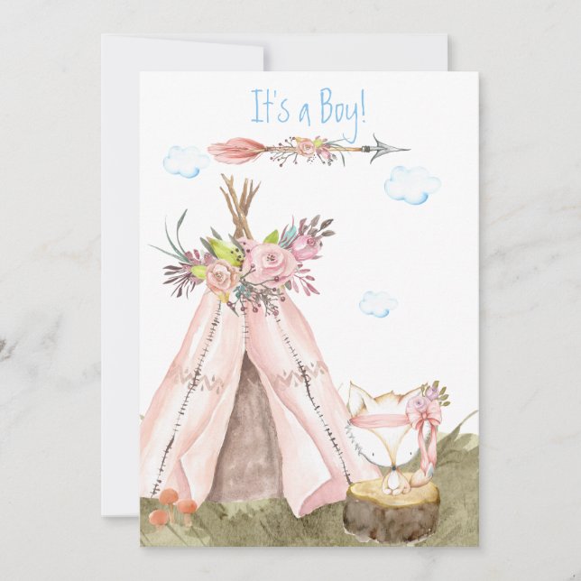 *~* Tribal Teepee Boho Forest Woodland Fox Boy Invitation (Front)