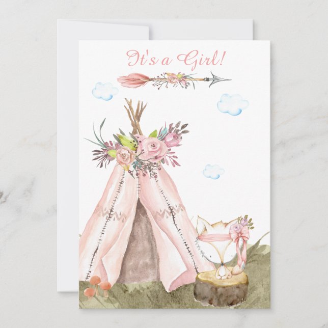 *~* Tribal Teepee Boho Woodland Forest Girl Fox Invitation (Front)