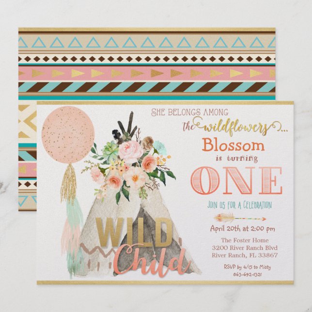 Tribal Teepee Tipi First Birthday Invitation (Front/Back)