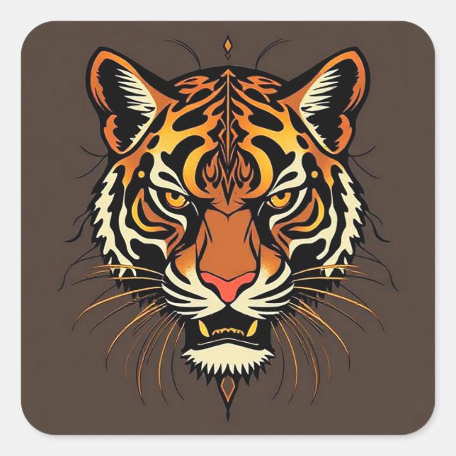 🐅 Tribal Tiger Face Bold Patterned Animal Art 🐅 Square Sticker (Front)