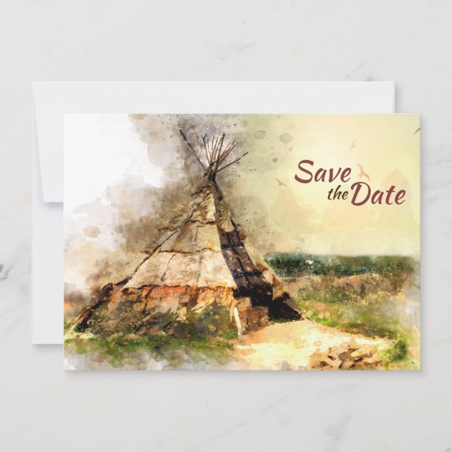 Tribal Tipi and Heart Arrow Boho Teepee Wedding Save The Date (Front)