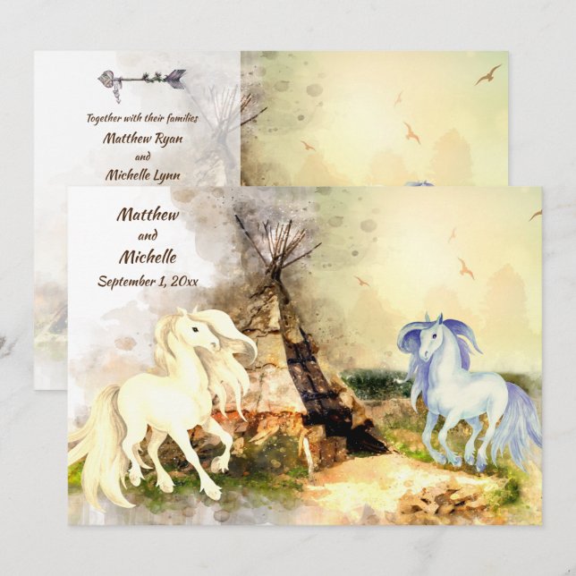 Tribal Tipi and Horses in Love Boho Teepee Wedding Invitation (Front/Back)