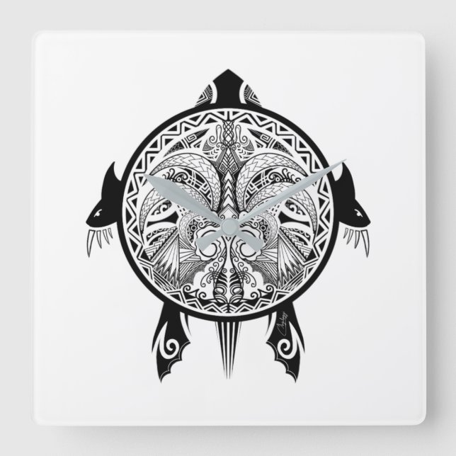 Tribal Turtle Shield Tattoo Square Wall Clock (Front)