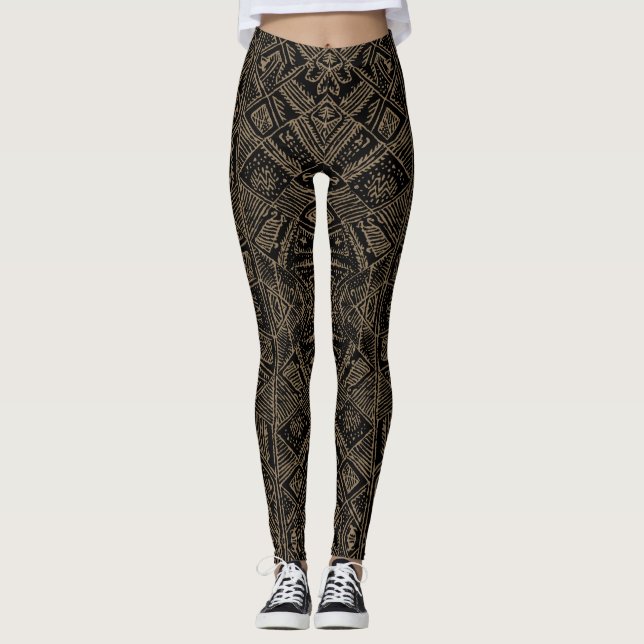 Tribal Vibe Black and Tan Print Leggings (Front)