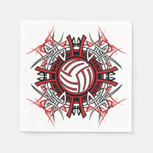 Tribal Volleyball Mandala Red and Black Sports  Napkin