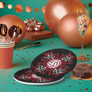 Tribal Volleyball Mandala Red and Black Sports Paper Plate