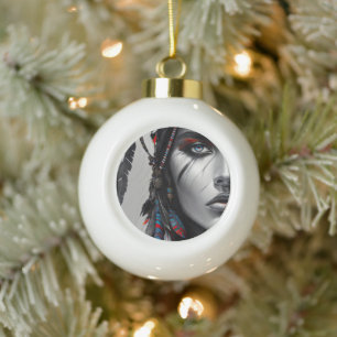 Tribal Warrior Ceramic Ball Christmas Ornament