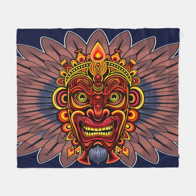 Tribal Warrior King Ritual Mask Fleece Blanket (Front (Horizontal))