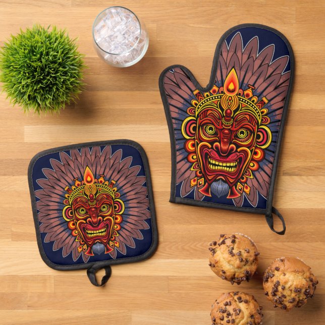 Tribal Warrior King Ritual Mask Oven Mitt & Pot Holder Set (Top Down)