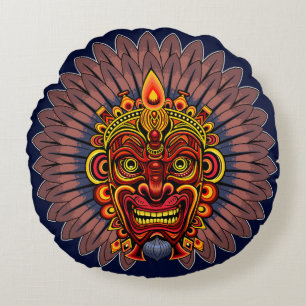 Tribal Warrior King Ritual Mask Round Cushion