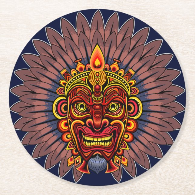 Tribal Warrior King Ritual Mask Round Paper Coaster (Front)