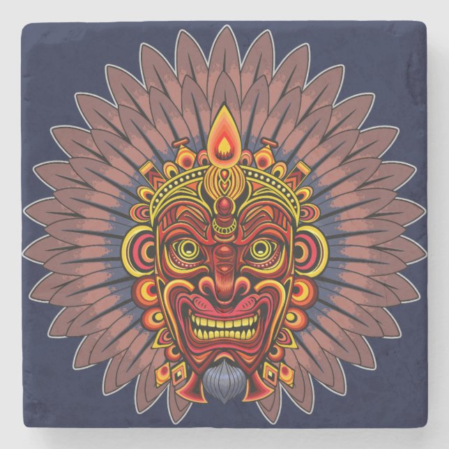 Tribal Warrior King Ritual Mask Stone Coaster (Front)