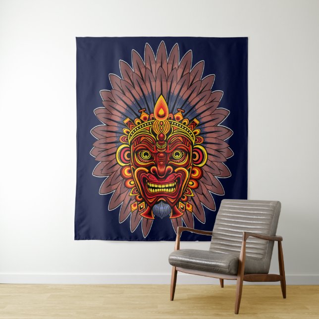 Tribal Warrior King Ritual Mask Tapestry (In Situ)