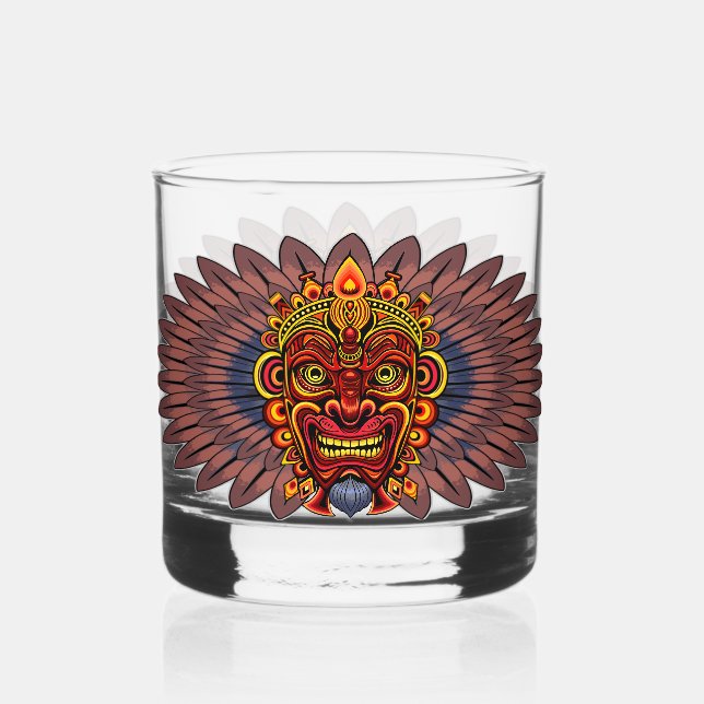 Tribal Warrior King Ritual Mask Whiskey Glass (Front)