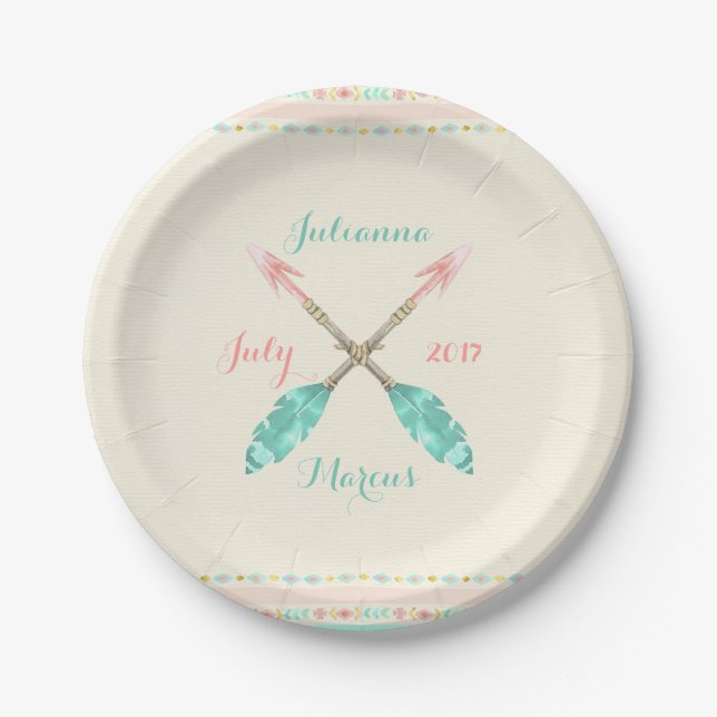Tribal Watercolor Arrow Feathers Any Occasion Paper Plate (Front)