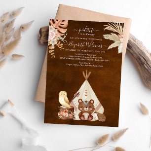 Tribal Watercolor Boho Flower Teepee Baby Shower Invitation