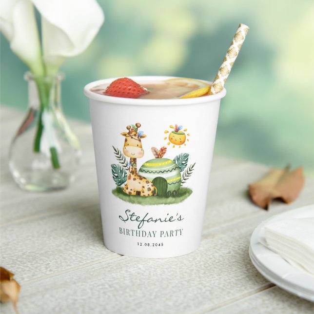 Tribal Watercolor Giraffe Safari Theme Birthday Paper Cups (Insitu)