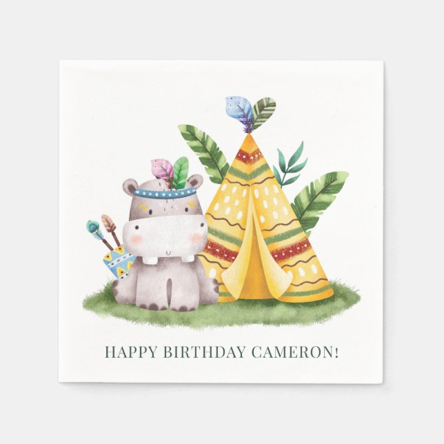 Tribal Watercolor Hippo Safari Happy Birthday Napkin (Front)