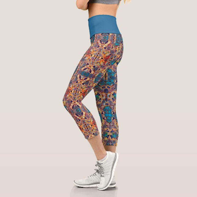 Tribal Western Hippie Purple Yellow Blue Pattern Capri Leggings (Left)