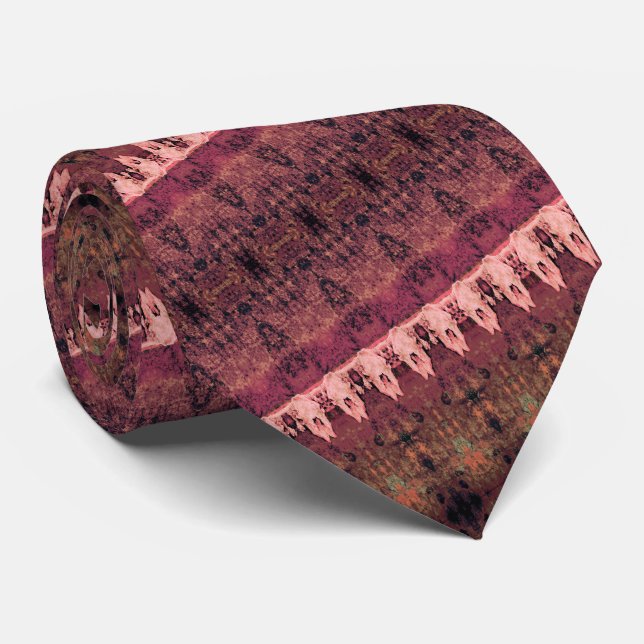 Tribal Western Pattern Brown Pink Bull Cow Skull Tie (Rolled)