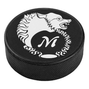 Tribal White Wolf Head Silhouette Laurel Monogram Hockey Puck