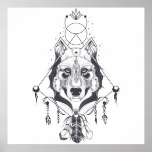 Tribal Wolf Animal In Black & White Poster