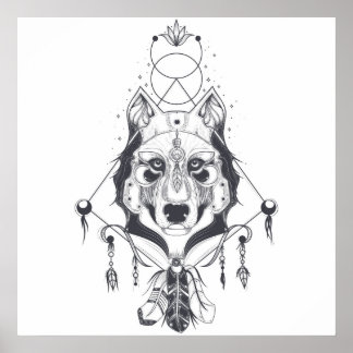 Tribal Wolf Animal In Black & White Poster