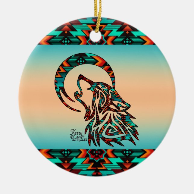 Tribal Wolf Ceramic Ornament (Front)