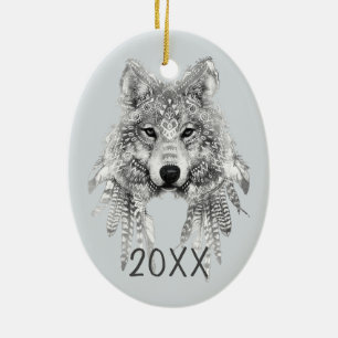 Tribal Wolf Customizable Keepsake Year Ceramic Tree Decoration