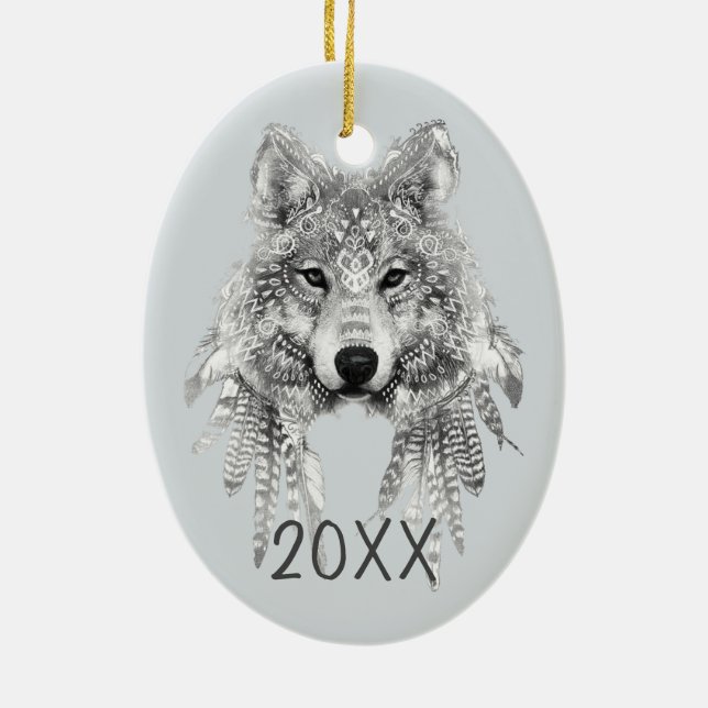 Tribal Wolf Customizable Keepsake Year Ceramic Tree Decoration (Back)