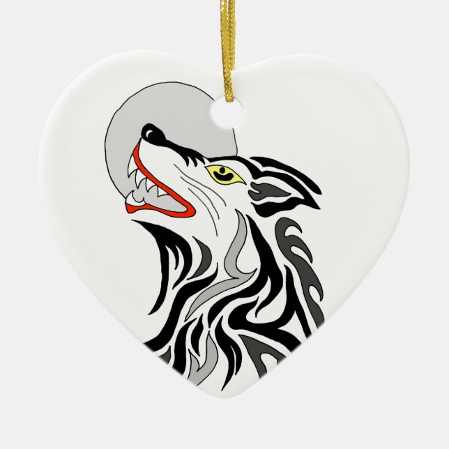 tribal wolf howl at the moon ceramic tree decoration (Front)