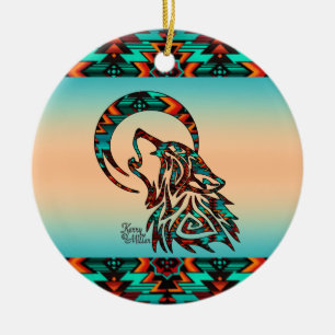 Tribal Wolf Howling At The Moon Ceramic Ornament
