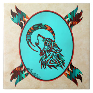 Tribal Wolf Howling At The Moon Ceramic Tile