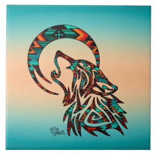 Tribal Wolf Howling At The Moon Ceramic Tile