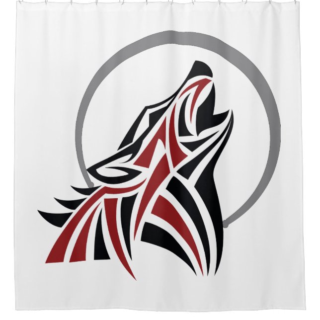 Tribal Wolf Howling Red Black Grey Moon Shower Curtain (Front)