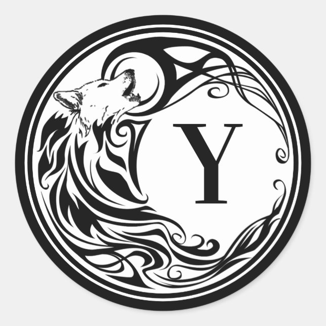 Tribal Wolf Monogram Classic Round Sticker (Front)