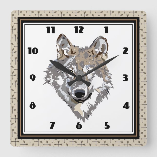 Tribal Wolf Square Wall Clock (Front)