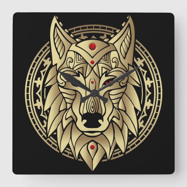 Tribal Wolf Square Wall Clock (Front)