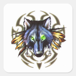 Tribal wolf tattoo design square sticker
