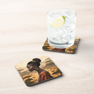 Tribal Woman Watching Over Her African Landscape, Coaster