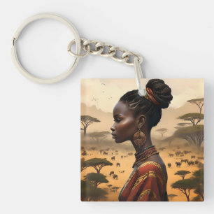 Tribal Woman Watching Over Her African Landscape, Key Ring