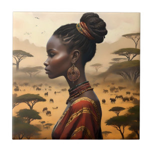 Tribal Woman Watching Over Her African Landscape, Tile