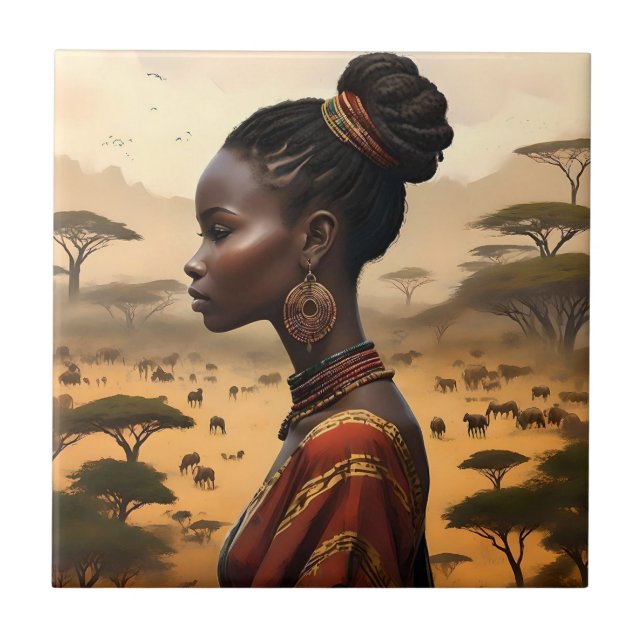 Tribal Woman Watching Over Her African Landscape, Tile (Front)
