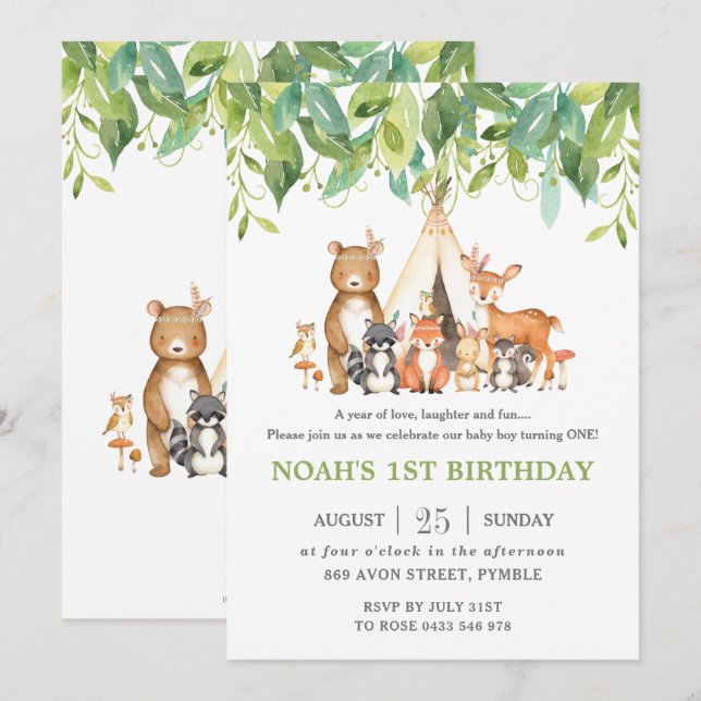 Tribal Woodland Animals 1st Birthday Greenery Invitation (Front/Back)