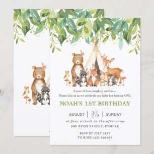 Tribal Woodland Animals 1st Birthday Greenery Invitation