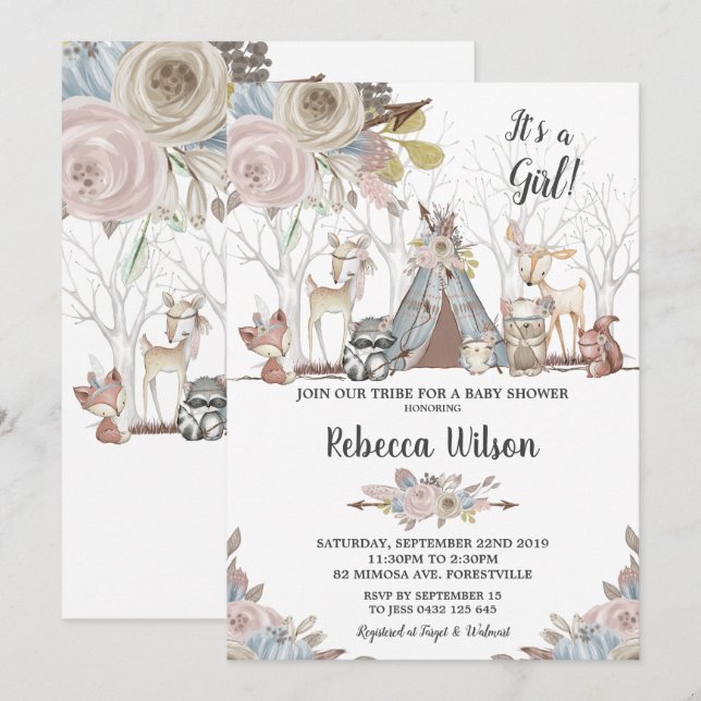 Tribal Woodland Animals Baby Shower Baby Girl Invitation (Front/Back)