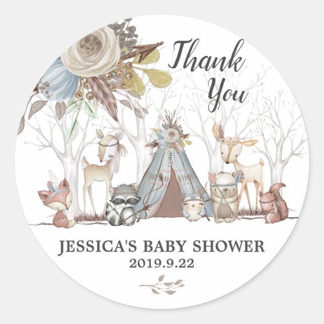 Tribal Woodland Animals Baby Shower Boy Thank You Classic Round Sticker (Front)