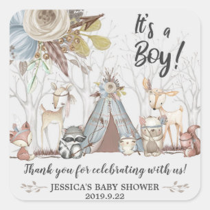 Tribal Woodland Animals Baby Shower Boy Thank You Square Sticker