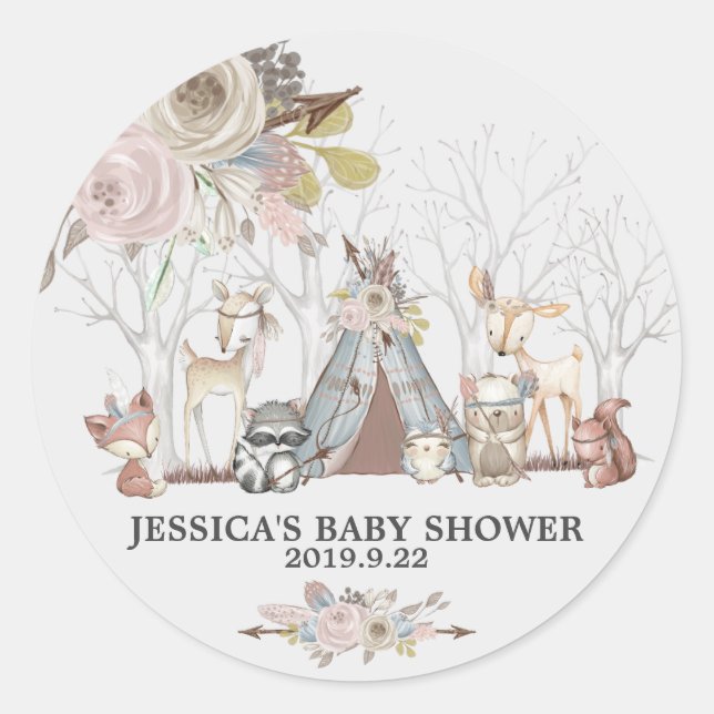 Tribal Woodland Animals Baby Shower Girl Favour Classic Round Sticker (Front)